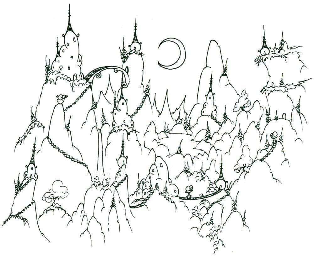 Cute Mountain Village Coloring Page