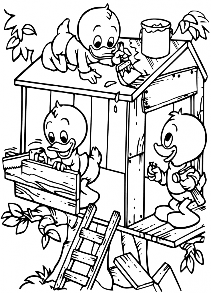 Ducks Building Treehouse Coloring Page