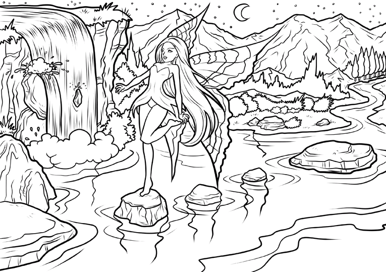 Fairy Waterfall Coloring Pages