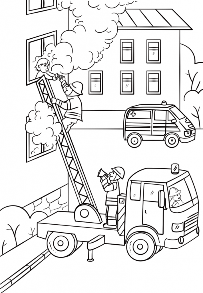 Fire Fighter Saving Child Coloring Page