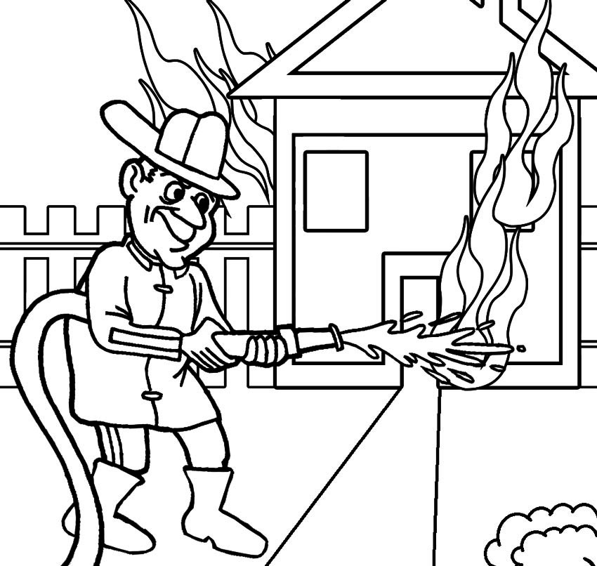 Fire Fighter Saving House Coloring Page
