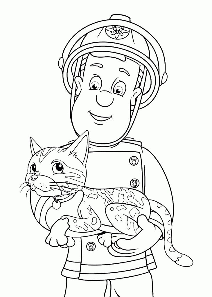 Fireman Sam Saving A Cat Coloring Page