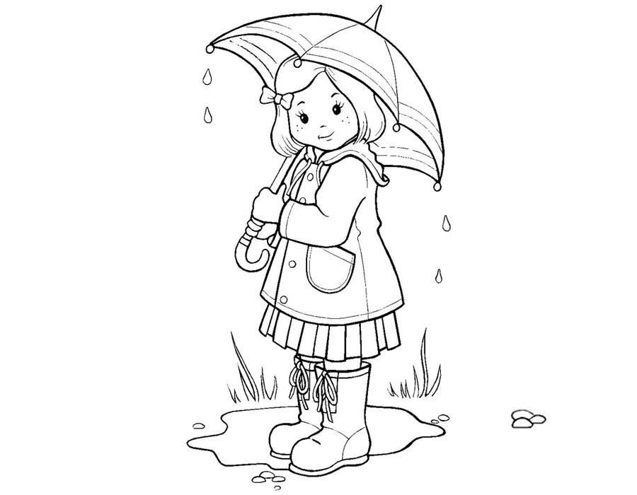 Girl in the Rain Umbrella Coloring Page