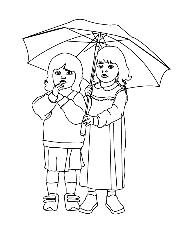 Kids Under Umbrella Coloring Page