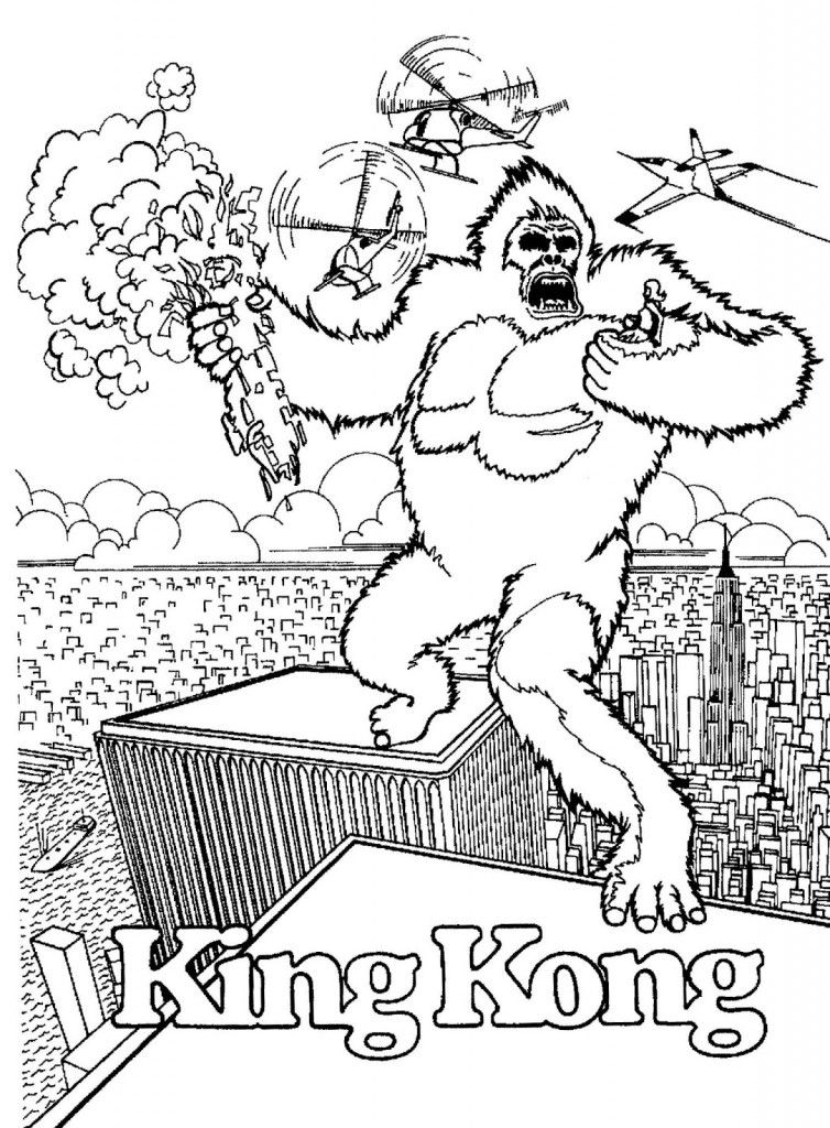 King Kong Fighting On Top Of Buildings Coloring Page