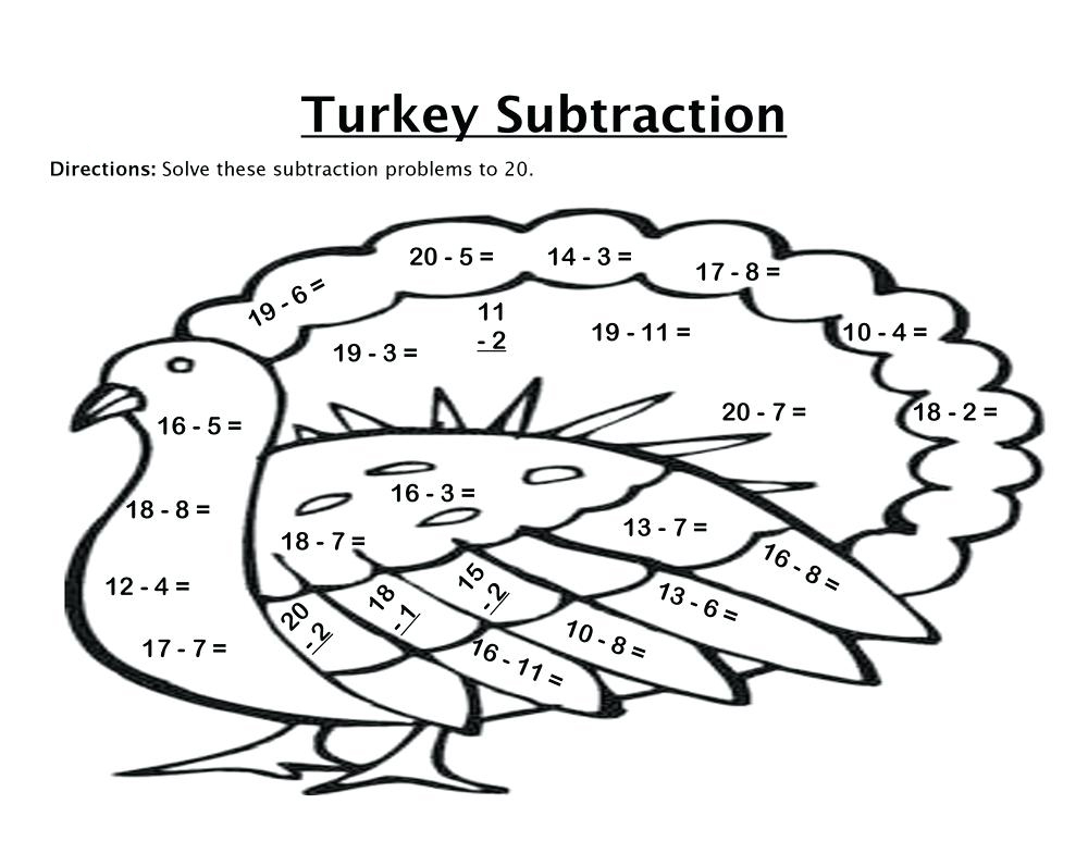 Math Turkey Subtraction Coloring Page