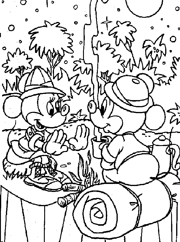 Mickey and Minnie Camping Coloring Page