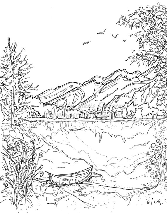 Nature Scene Mountains Coloring Page