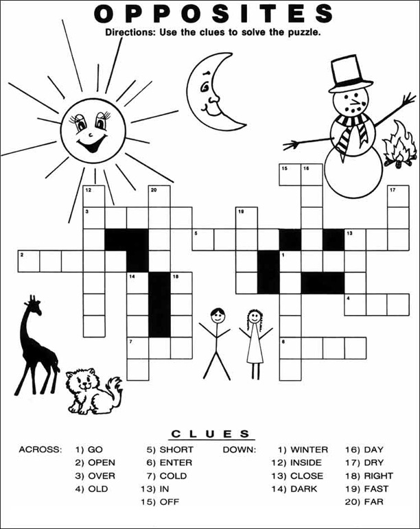 Opposites Crossword Puzzles For Kids