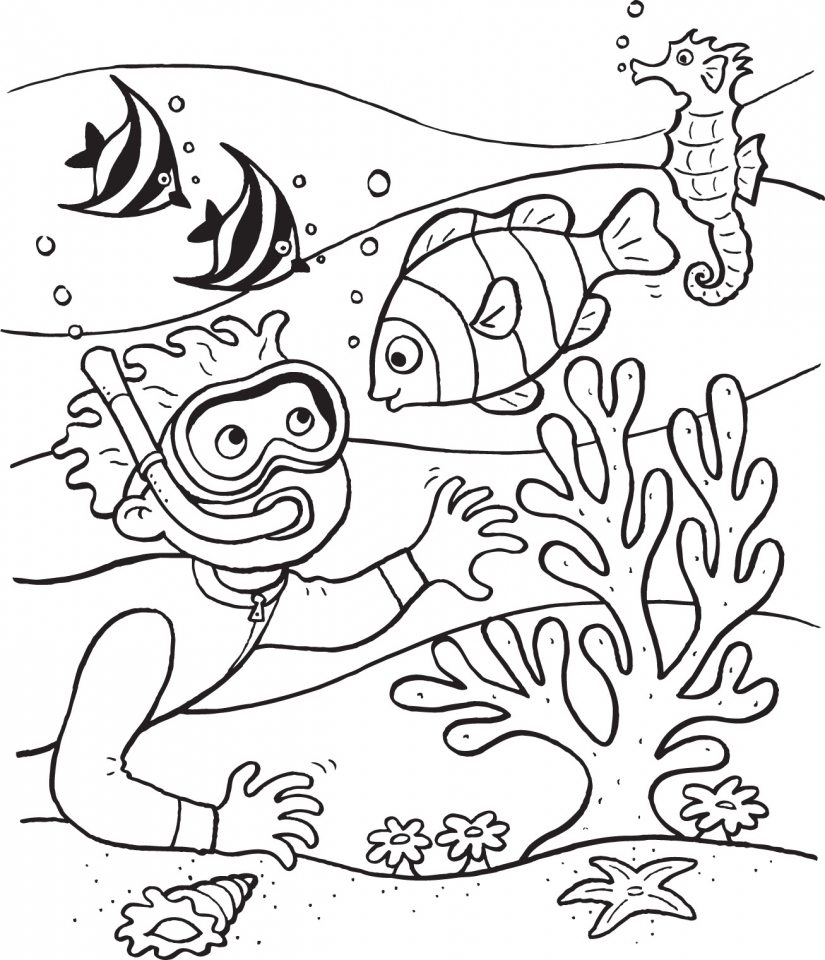Scuba Diving Ocean Coloring Page