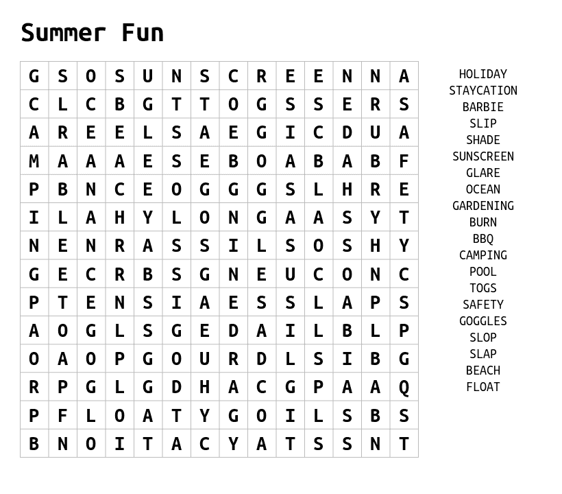 Summer Fun Wordsearch