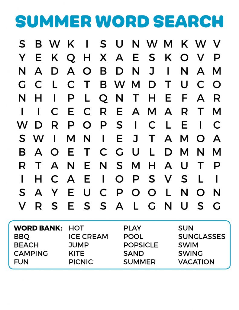 Summer Word Search Printable Sheet